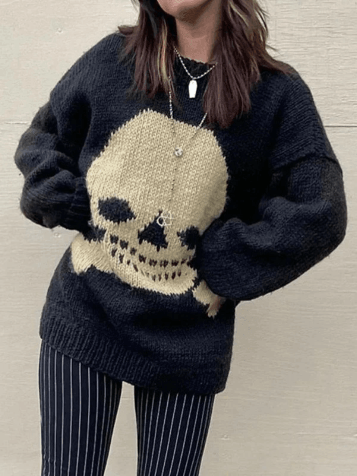 Vintage Skull Jacquard Pullover Sweater - AnotherChill