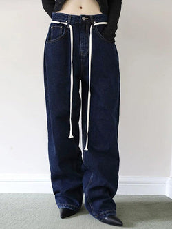 Vintage Solid Color Tie Loose Straight-Leg Jeans - AnotherChill