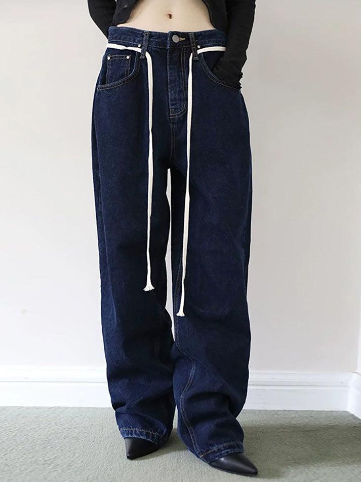 Vintage Solid Color Tie Loose Straight-Leg Jeans - AnotherChill