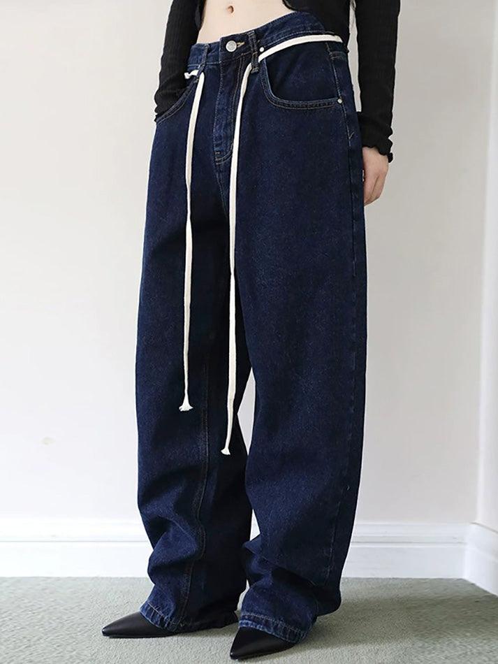 Vintage Solid Color Tie Loose Straight-Leg Jeans - AnotherChill