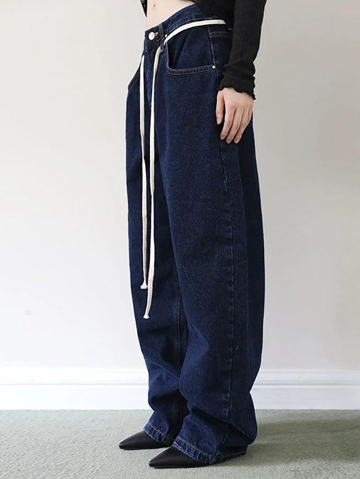 Vintage Solid Color Tie Loose Straight-Leg Jeans - AnotherChill
