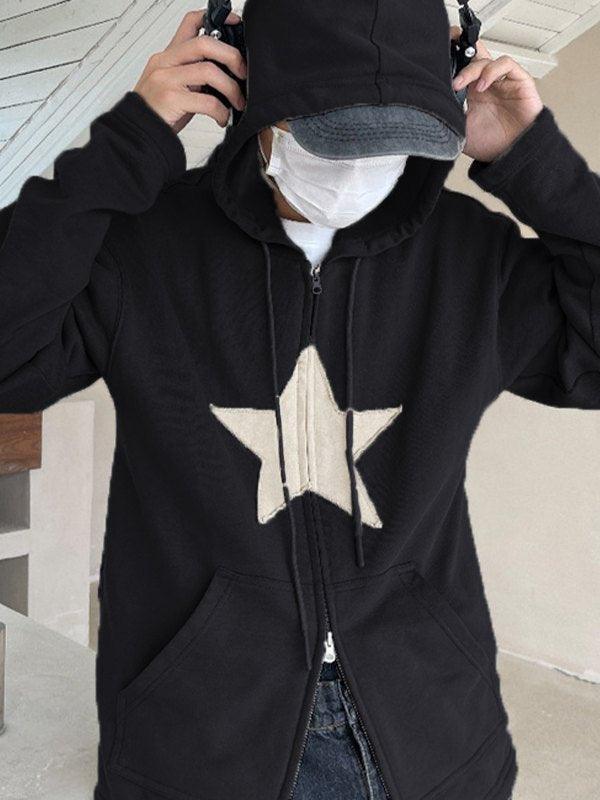 Vintage Star Patch Baggy Zip Up Hoodie - AnotherChill