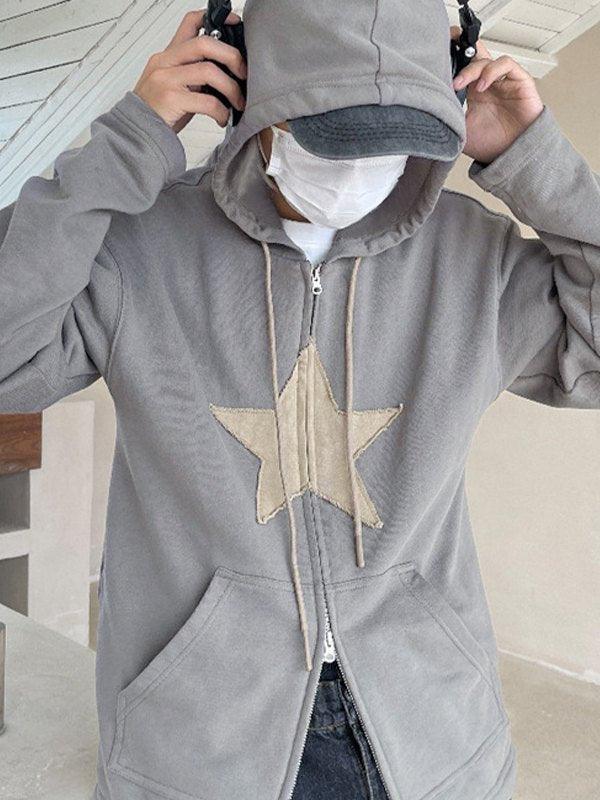 Vintage Star Patch Baggy Zip Up Hoodie - AnotherChill