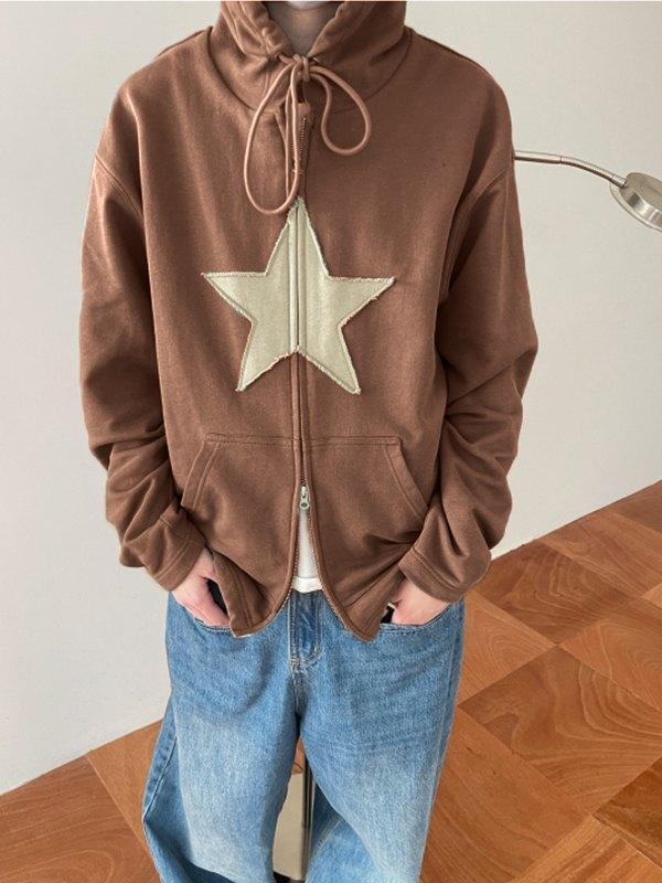 Vintage Star Patch Baggy Zip Up Hoodie - AnotherChill