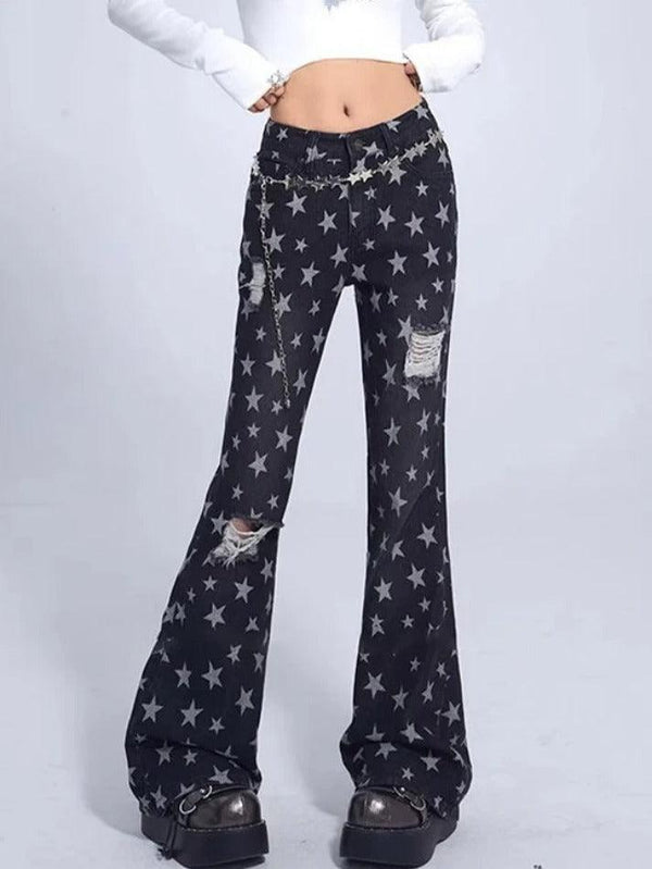 Vintage Star Print Ripped Flare Jeans - AnotherChill