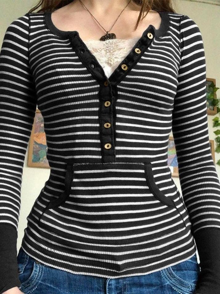 Vintage Striped Button Front Ribbed Knit Top - AnotherChill