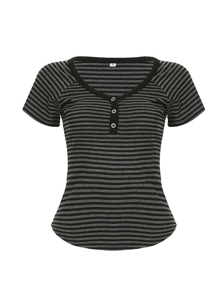 Vintage Striped Contrast V-Neck Button-Up Tee - AnotherChill