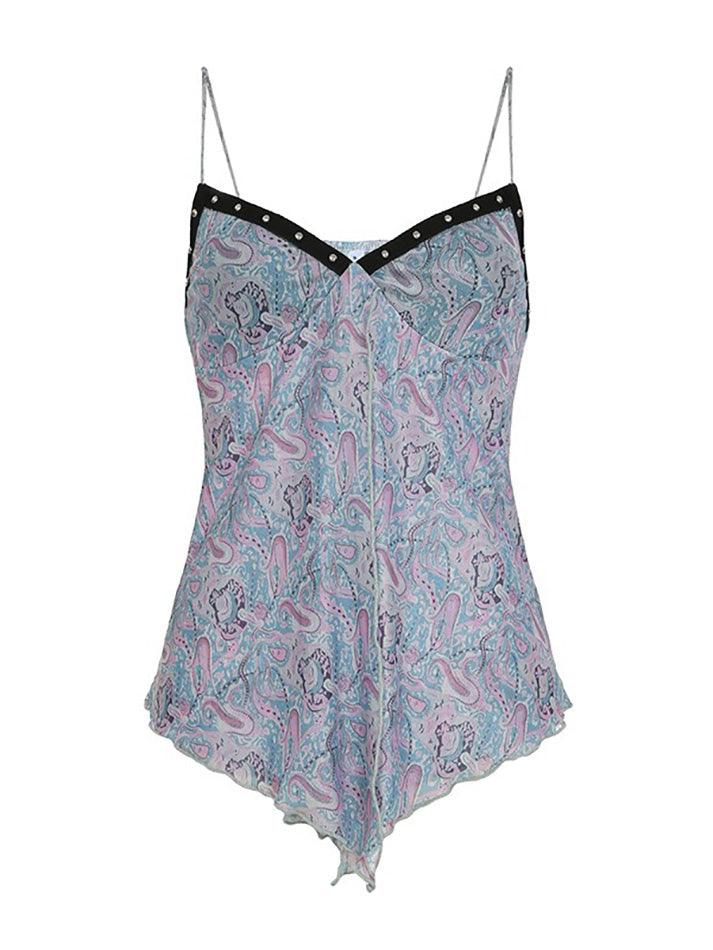 Vintage Studded Print Asymmetrical Mesh Cami Top - AnotherChill