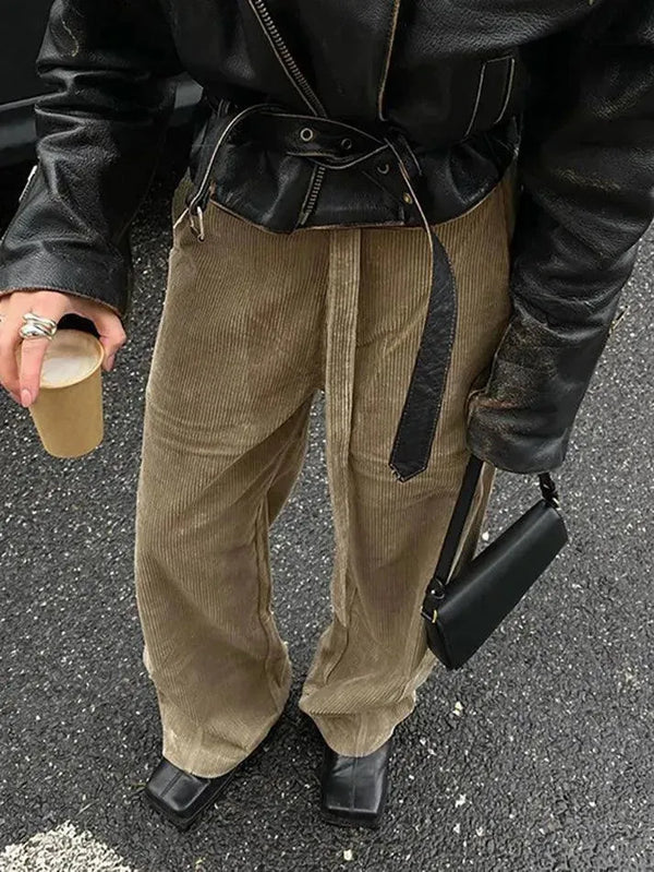 Vintage Tie Corduroy Striped Straight Leg Pants - AnotherChill