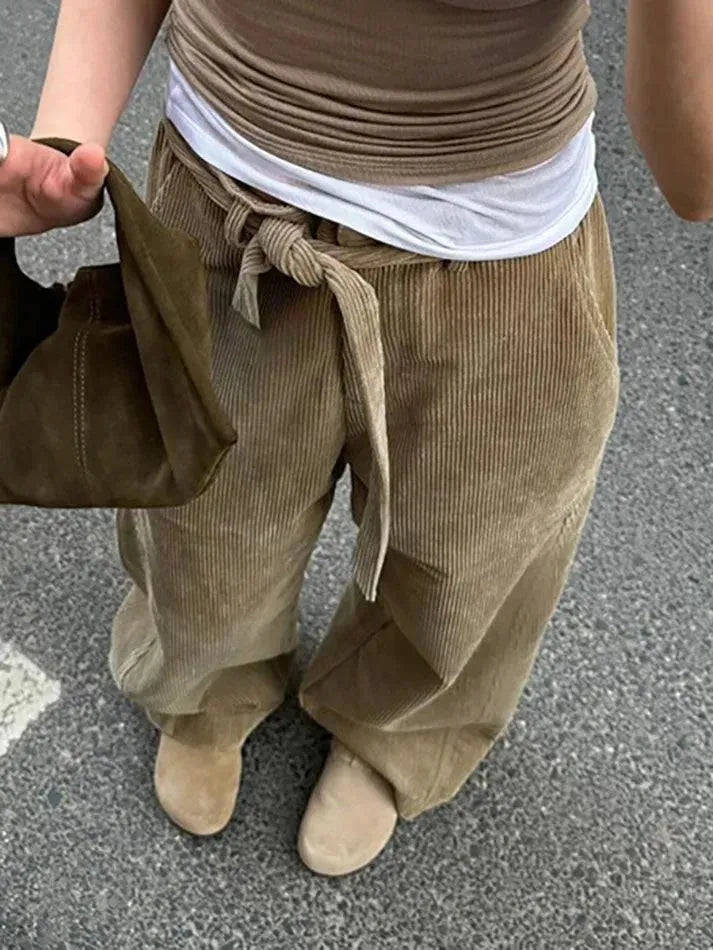 Vintage Tie Corduroy Striped Straight Leg Pants - AnotherChill