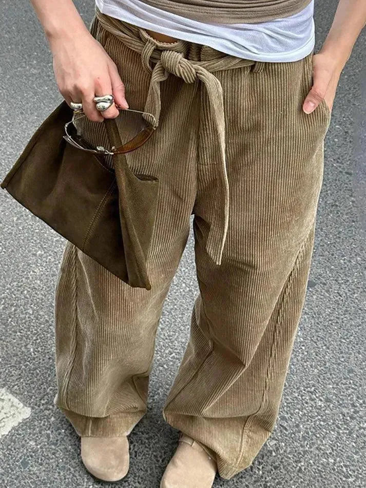 Vintage Tie Corduroy Striped Straight Leg Pants - AnotherChill