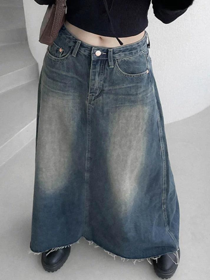 Vintage Washed Denim Maxi Skirt - AnotherChill