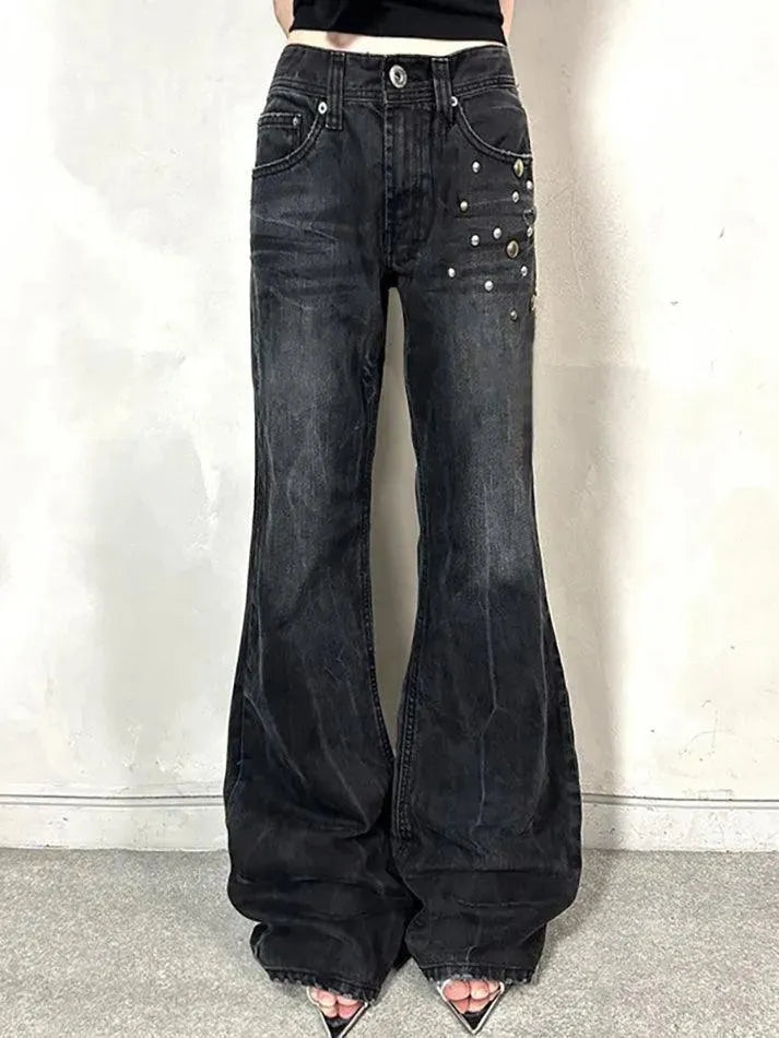 Vintage Washed Studded Flared Jeans - AnotherChill