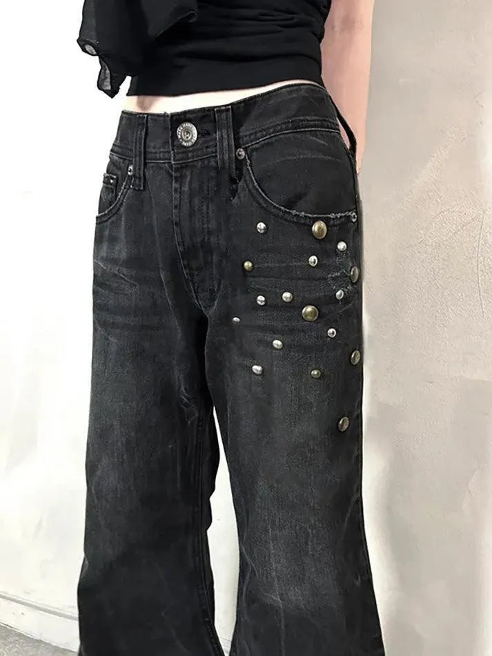 Vintage Washed Studded Flared Jeans - AnotherChill