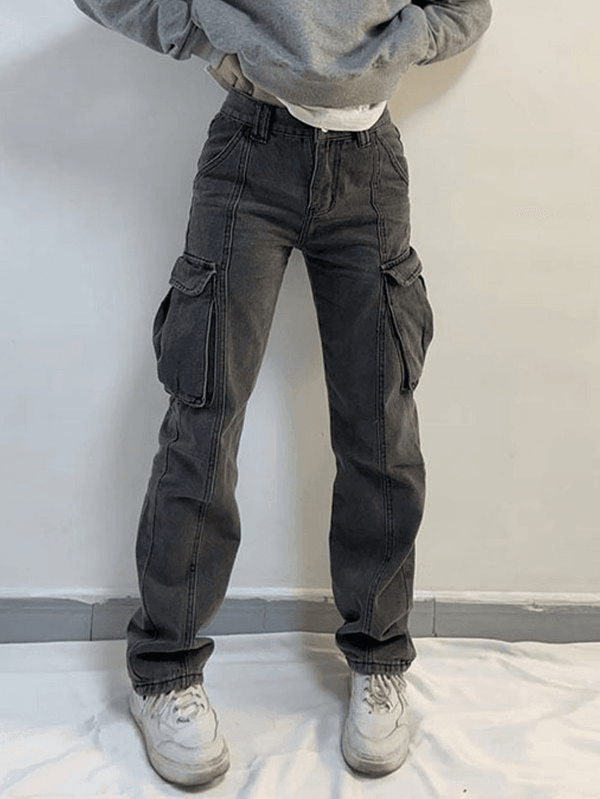 Washed Mid Waist Pocket Cargo Jeans - AnotherChill
