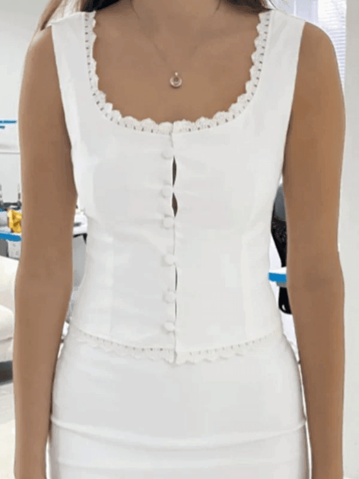 White Lace Trim Button Front Tank Top - AnotherChill