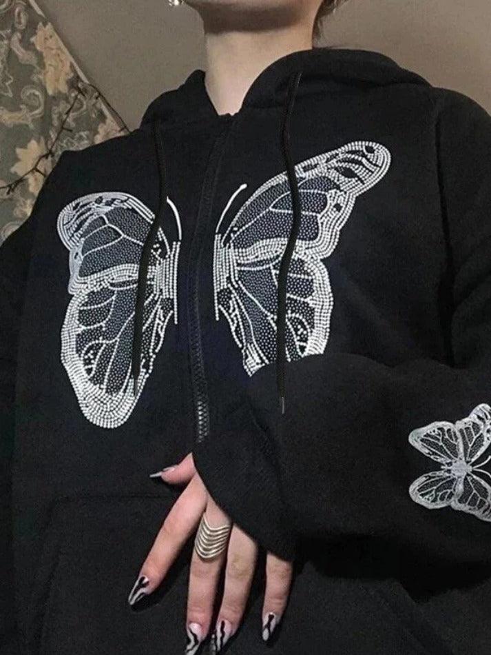 Y2K Butterfly Oversized Zip Up Hoodie - AnotherChill