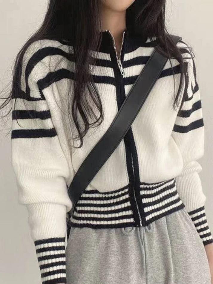 Collar Neck Stripe Short Cardigan - AnotherChill