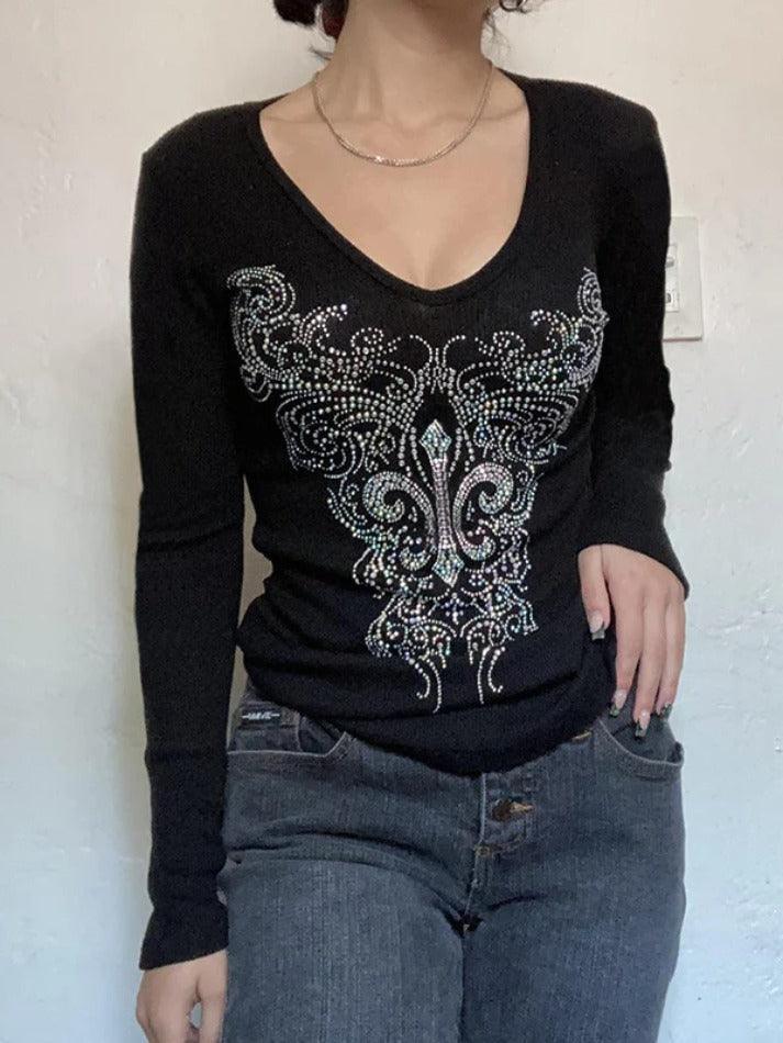 Gothic Rhinestone Print V Neck Long Sleeve Tee - AnotherChill