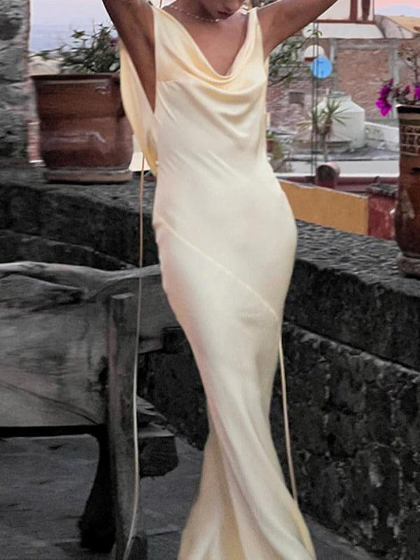 Satin Backless Tie Up Maxi Dress - AnotherChill