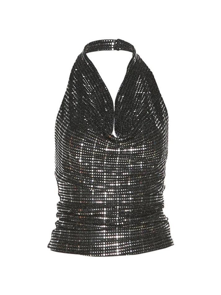 Sequin Stacked Neck Backless Halter Vest - AnotherChill