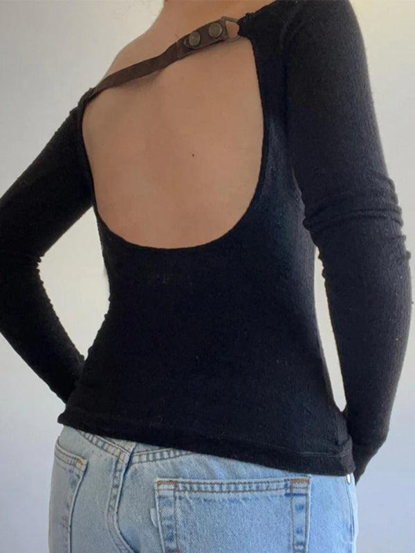 Solid Off Shoulder Backless Long Sleeve Tee - AnotherChill