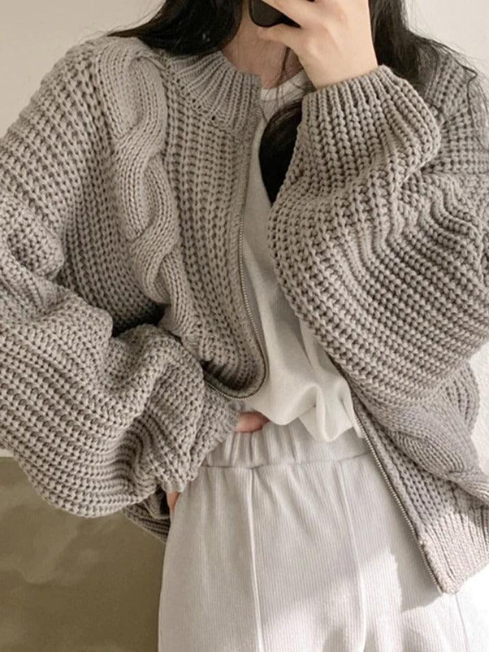 Solid Zip Up Crochet Cable Knit Cardigan - AnotherChill