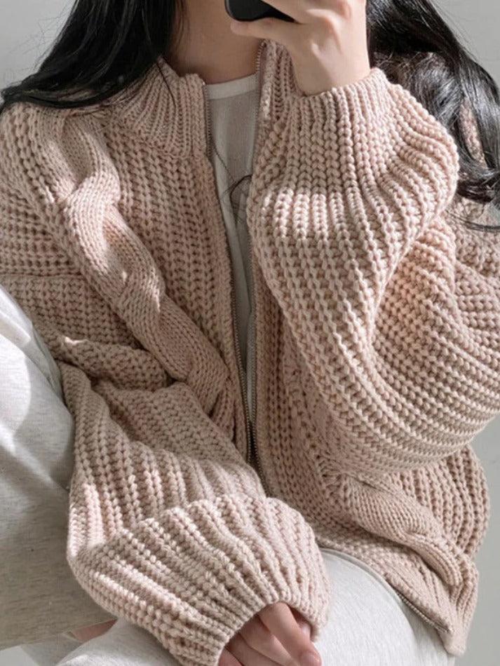 Solid Zip Up Crochet Cable Knit Cardigan - AnotherChill