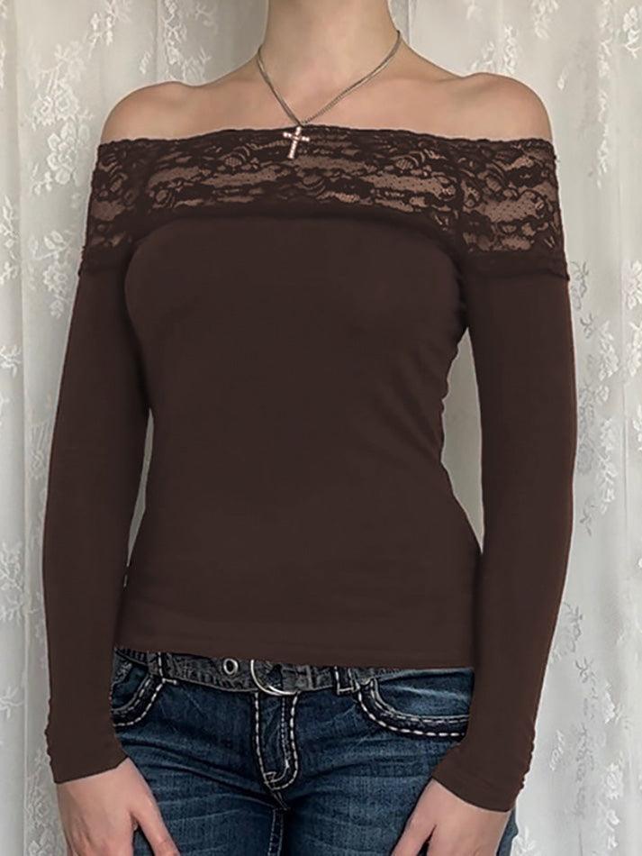 Lace Splice Off Shoulder Long Sleeve Tee - AnotherChill