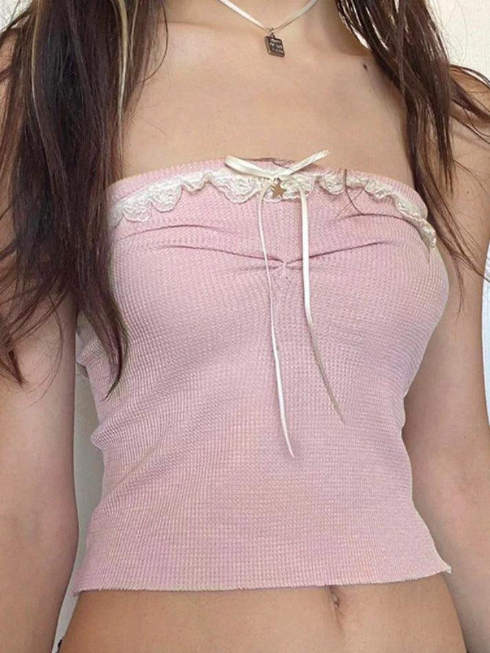 Sweet Lace Trim Splice Bow Decor Bandeau Top - AnotherChill