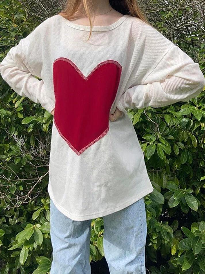 Heart Print Baggy Oversized Long Sleeve Tee - AnotherChill