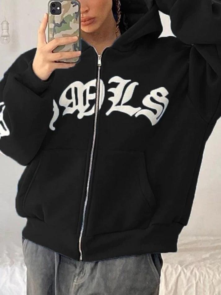 Gothic Letter Graphic Zip Up Hoodie - AnotherChill