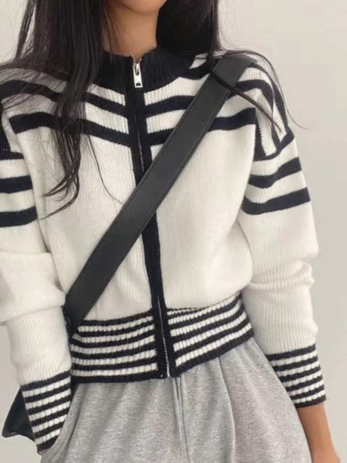 Collar Neck Stripe Short Cardigan - AnotherChill