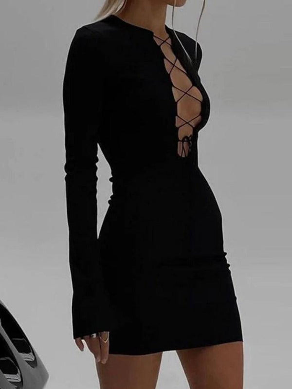 Solid Color Lace Cutout Dress - AnotherChill