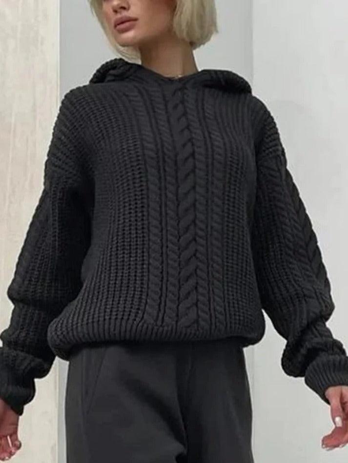 Solid Color Hooded Cable Knit Sweater - AnotherChill