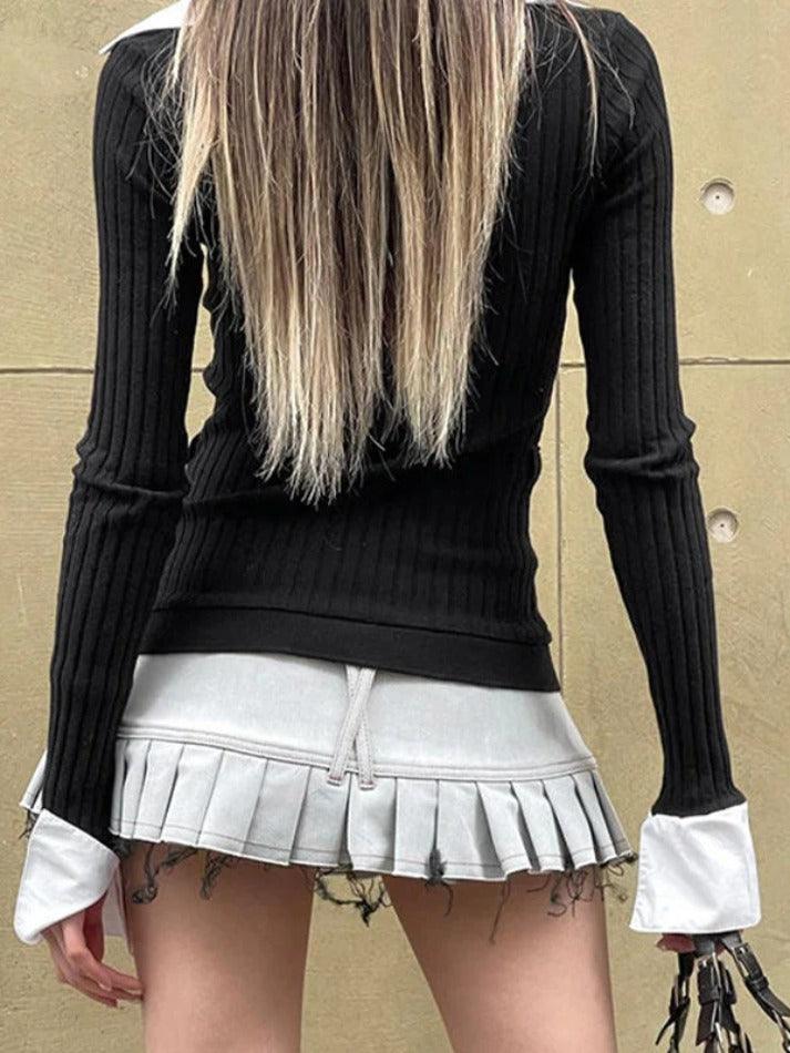 Polo Neck Splice Fake Two Piece Long Sleeve Knit - AnotherChill