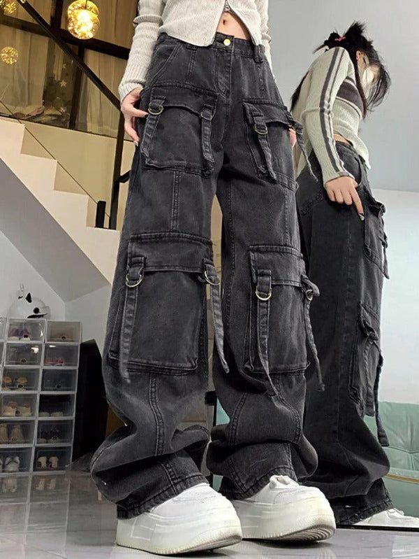 Street Multi Pocket High Rise Cargo Jeans - AnotherChill