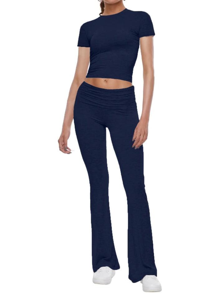 Short Sleeve Cropped Top Fold-over Flare Pants Set - AnotherChill