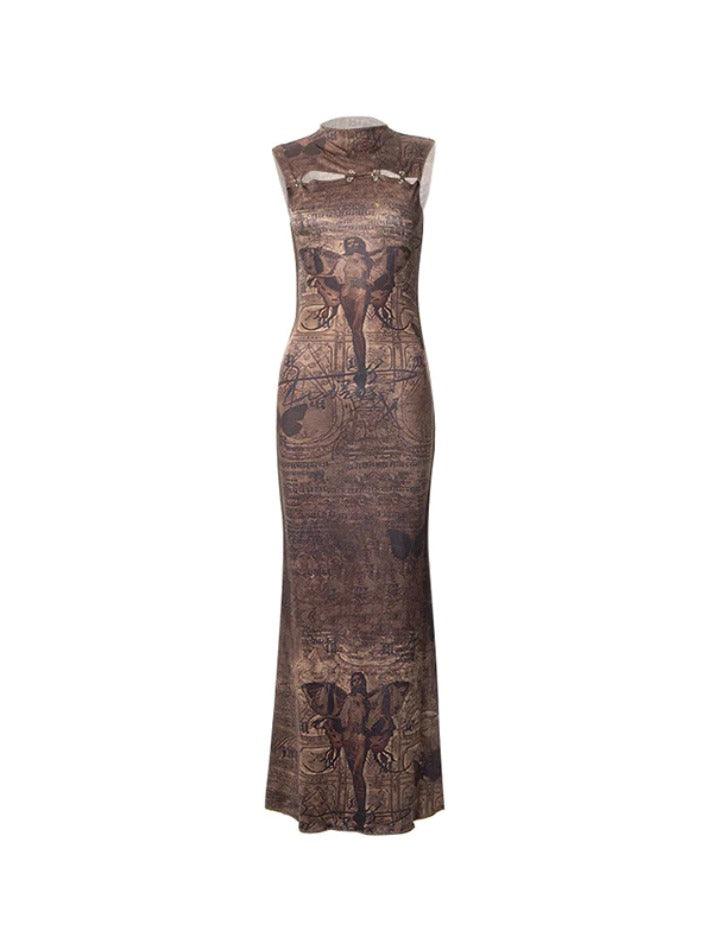 Vintage Print Cutout Sleeveless Slim Maxi Dress - AnotherChill