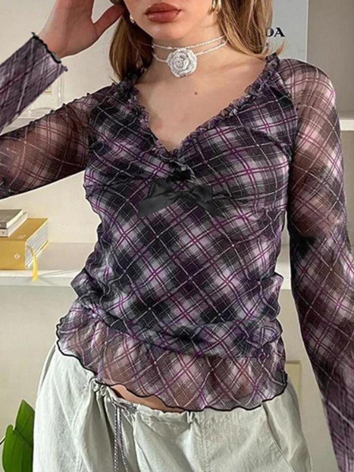 V Neck Plaid Mesh Bow Decor Long Sleeve Tee - AnotherChill