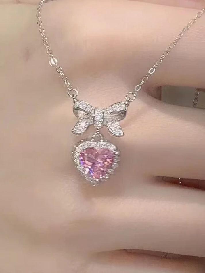 Sweet Glittering Bow Pink Heart Pendant Necklace - AnotherChill