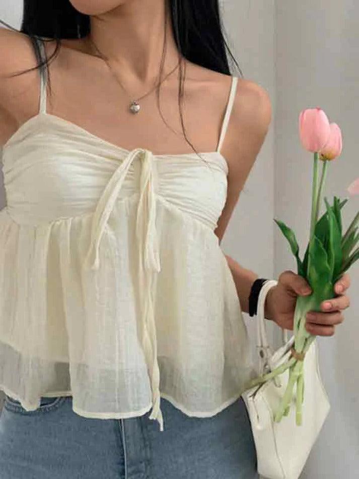 Solid Color Pleated Lace Up Cami Top - AnotherChill