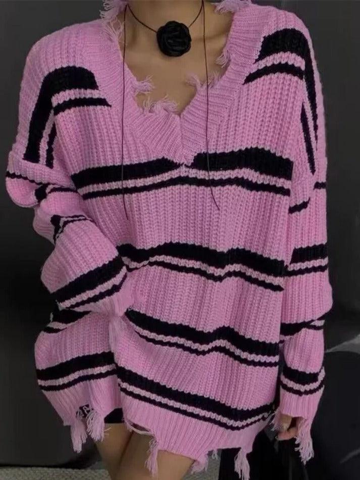 Striped V Neck Frayed Tassel Knit Sweater - AnotherChill