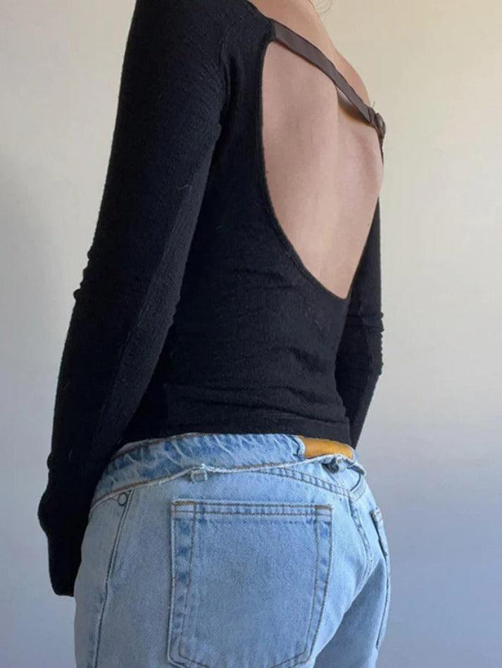 Solid Off Shoulder Backless Long Sleeve Tee - AnotherChill