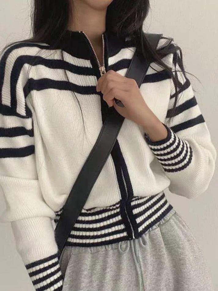 Collar Neck Stripe Short Cardigan - AnotherChill