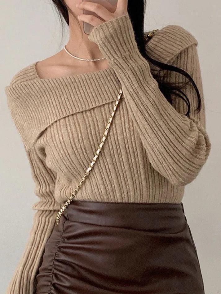 Solid Lapel Neck Slim Knit Sweater - AnotherChill