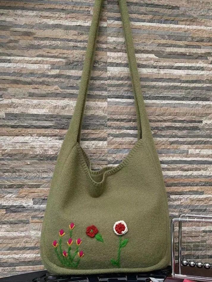 Ethnic Floral Embroidery Knitted Shopper Bag - AnotherChill