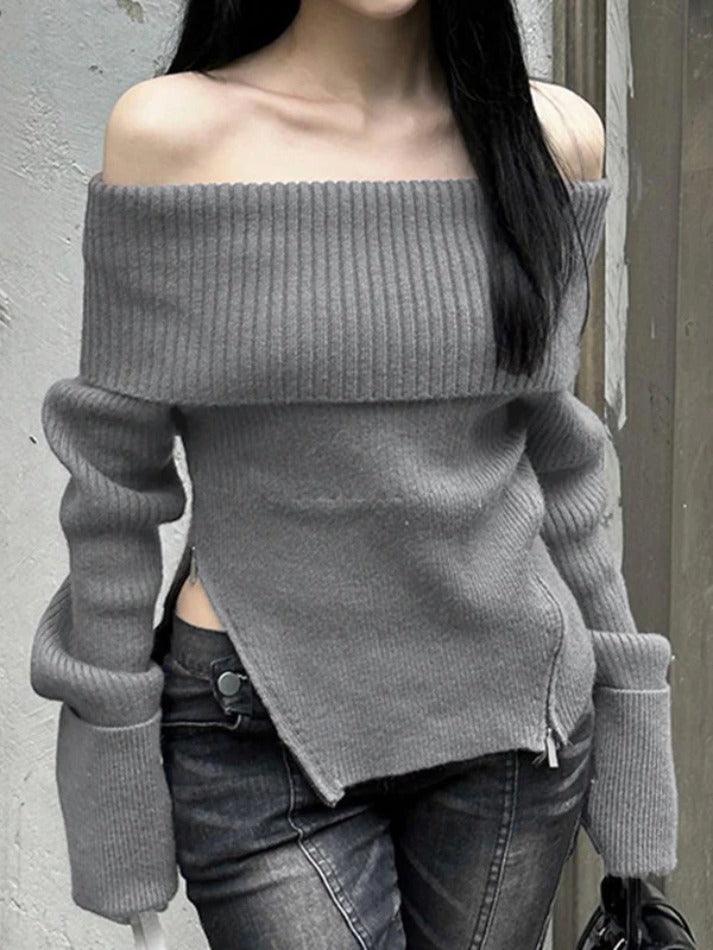 Solid Off Shoulder Zip Up Hem Sweater - AnotherChill