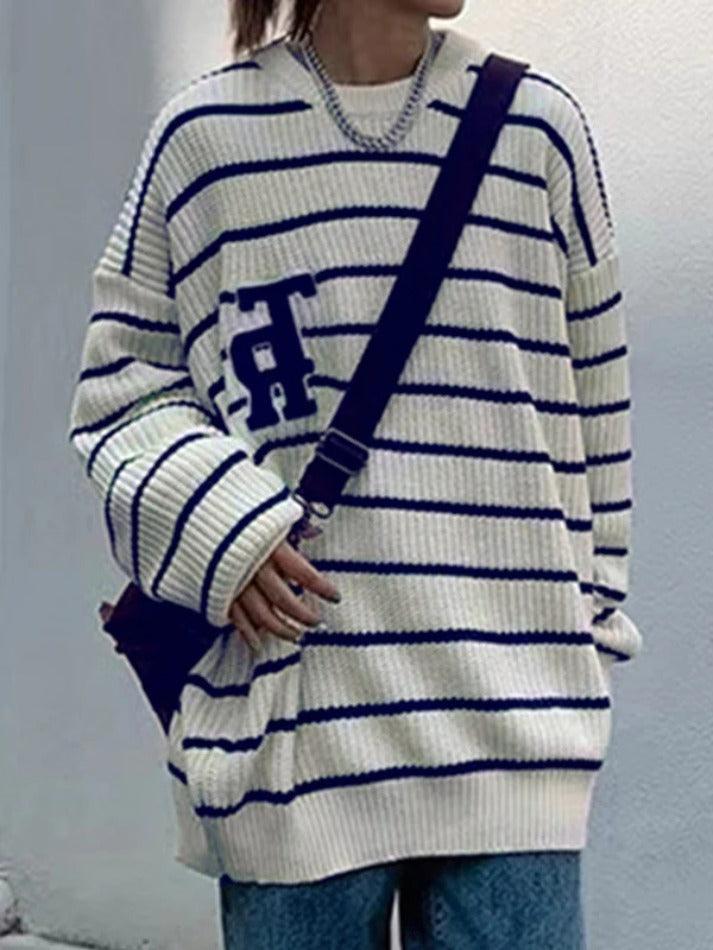 Striped Letter Embroidery Print Pullover Sweater - AnotherChill