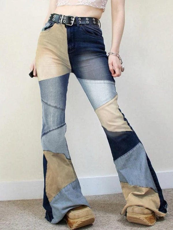 Mix Color Denim Irregular Splice Flare Jeans - AnotherChill